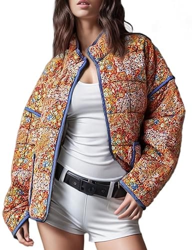 Wyeysyt Women's Cropped Quilted Jacket Floral Print Puffer Jackets Open Front Lightweight Jacket - Image 1