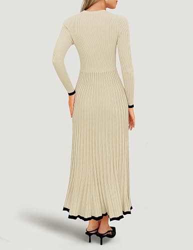 ZESICA Women's Long Sleeve Sweater Dress Fall 2025 Crewneck Ribbed Knit Pleated A-Line Maxi Wedding Guest Dresses thumbnail 4
