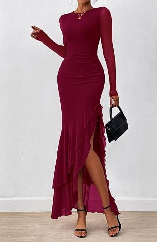 BTFBM Women's Maxi Dresses Spring 2026 Long Sleeve Ruched Bodycon Solid Ruffle Mermaid Cocktail Wedding Guest Dress thumbnail 2