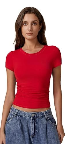 QINSEN Short Sleeve Shirts for Women Round Neck Basic Double Lined Tees Fitted Y2k Crop Tops thumbnail 5