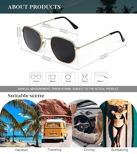 KALIYADI Sunglasses for Women and Men, Polarized Square UV Protection, Trendy Metal Frame Hexagon Sunglasses thumbnail 5