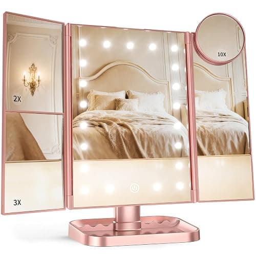 HUONUL Makeup Mirror, Vanity Mirror with Lights, 2X/3X/10X Magnification, Touch Control, Trifold, Dual Power Supply, Valentines Day Gifts for Her,Gifts for Women, Wife, Mom, Girls,Dorm Room Essentials - Image 1