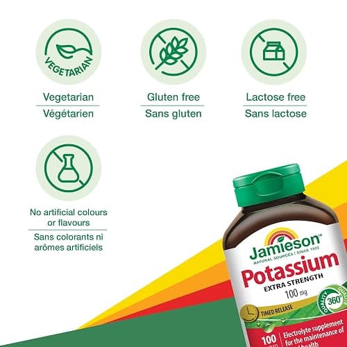 Jamieson Extra Strength Potassium 100 mg Timed Release, Supports Muscle and Nerve Function, Electrolyte Support, and Helps Prevent Potassium Deficiency. Vegetarian, Gluten-Free, 100 Caplets, Proudly Canadian thumbnail 3