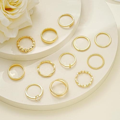 FAXHION 12 PCS Dainty 14K Gold Rings for Women, Eternity Open Chunky Twist Simulated Diamond Criss Cross Designs, Non Tarnish Gold Plated Stacking Thumb Ring, Perfect for Wedding Bands Size 5-11 thumbnail 6