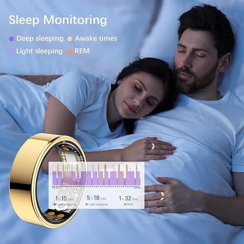 Ring Health Tracker for Women Men, Fitness Tracker with Heart Rate, Blood Oxygen, Sleep Monitor, Calories, Step Counter, IP68 Waterproof Smart Ring for iPhone & Android, No Subscription Fee (Gold, 7#) thumbnail 3