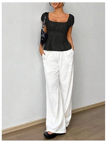 SHENHE Women's Babydoll Top Square Neck Cap Sleeve Empire Waist Cute Lace Eyelet Baby Doll Peplum Top Tshirt thumbnail 5