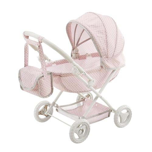 Olivia's Little World Polka Dot Princess Baby Doll Pram Stroller with Retractable Canopy & Storage, Pink - Image 1
