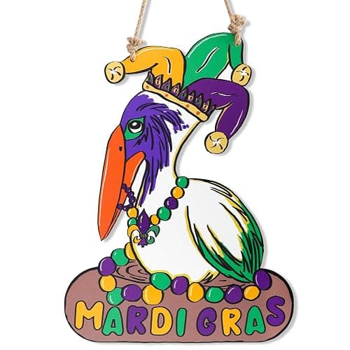 Mardi Gras Decorations, Wooden Pelican Sign for Mardi Gras Front Door Hanger, New Orleans Carnival Signs Decor Wreath Mantel Home Wall Porch for Holiday Hanging Decorations Outdoor Indoor - Image 1