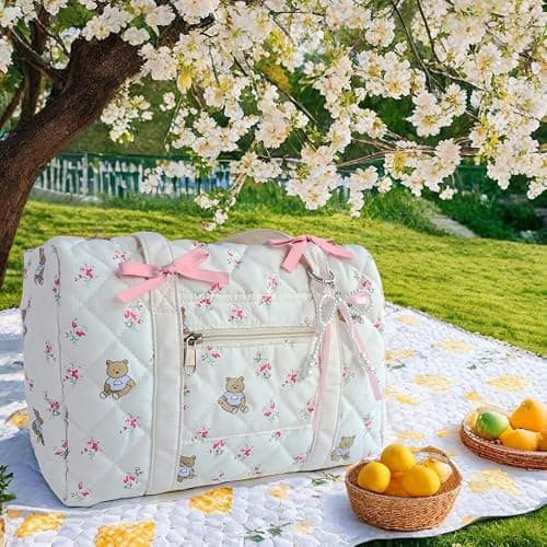 Coquette Bag with Bow Pearl Charm Floral Quilted Duffle Bag for Women Girls Small Puffer Shoulder Purse Cute Bunny Handbag for Travel, Work, School thumbnail 2