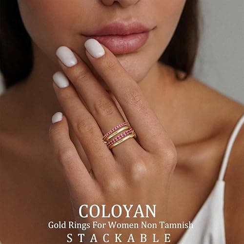 COLOYAN 18K Gold Plated Stackable Rings for Women Non Tarnish, Mixed Metals Multi Ring, Colored Cubic Zirconia Stacking Rings Jewelry thumbnail 2