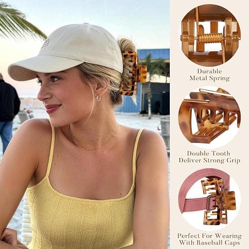 6 Pcs Hat Claw Clip for Women, Hat-Friendly Claw Clips for Baseball Cap & Trucker Hat - 4.1 Inch Large Tortoise Hat Claw Clip for Medium/Thick Hair, Non-Slip Baseball Hair Clips for Hats Hairstyle thumbnail 2
