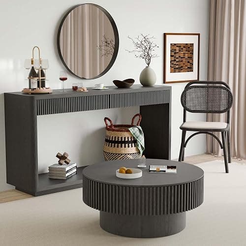 Round Coffee Table with Storage, Modern Wooden Coffee Table with Solid Wood Veneered, Circle Center Table Accent Tea Table for Living Room Apartment Small Space (31.5''L × 31.5''W × 14''H, Black) thumbnail 8