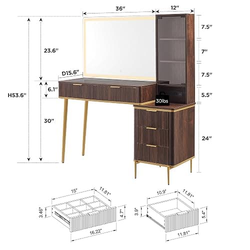 T4TREAM Fluted Makeup Vanity Desk with 36" HD Lighted Mirror, 48" Big Modern Vanity Desk with Mirror and Lights, Dressing Table with 5 Drawers & Shelves, Glass Top for Bedroom, Dark Walnut thumbnail 2