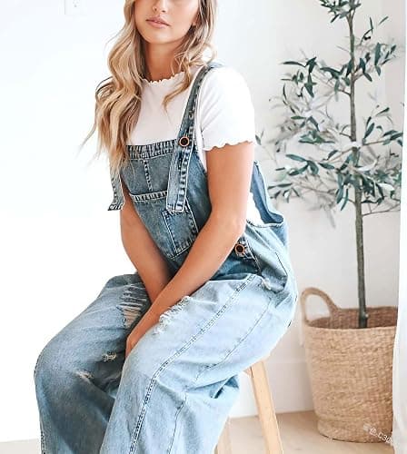 chouyatou Women Loose Adjustable Strap Denim Bib Overall Jeans Distressed Wide Leg Baggy Overalls Jumpsuit thumbnail 4
