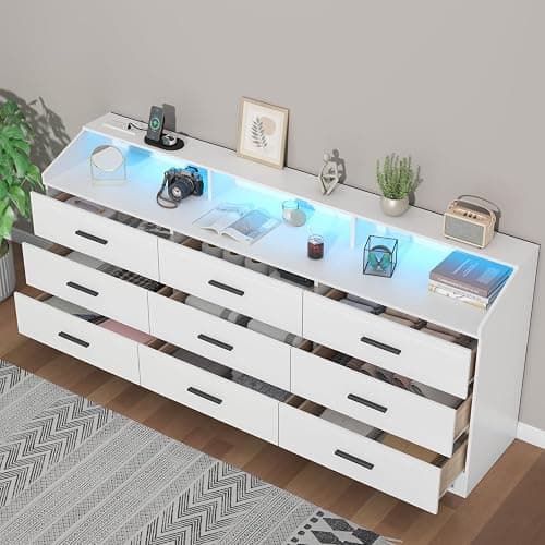 9 Drawers Dresser for Bedroom with Power Outlet,Modern Dresser w/ LED Light | Chest of Drawers, Dressers with Open Storage Cubby, Triple Wide Dressers Organizer for Living Room thumbnail 5
