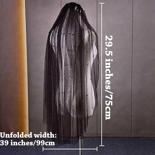 Acenail Black Veil Brides Wedding Long Pearl Mourning Funeral Lace Bridal Halloween Veil - Pearl thumbnail 5