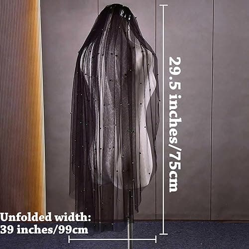 Acenail Black Veil Brides Wedding Long Pearl Mourning Funeral Lace Bridal Halloween Veil - Pearl thumbnail 5