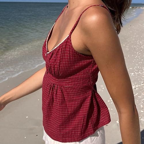 Women Floral Print Cami Top Y2k Spaghetti Strap Lace Camisole Fairy Grunge Scoop Neck Button Down Tie Back Tank Top thumbnail 3