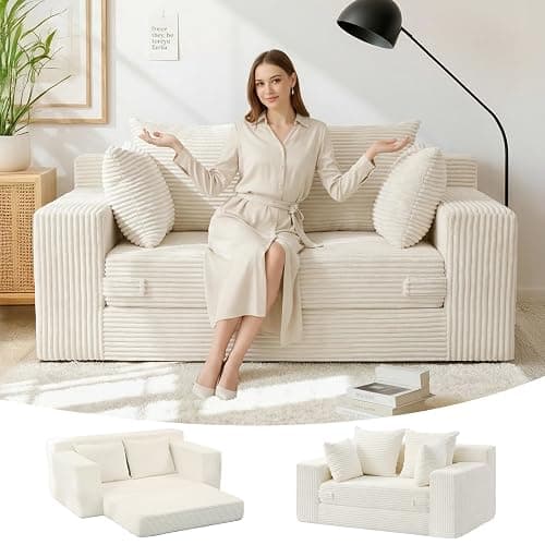 Winzoo Boneless Loveseat Sleeper Sofa Bed, 3-in-1 Convertible Sofa Bed and Futon Couch with 4 Pillows, 55" Beige Boneless Couch for Living Room, Guest Room, Small Space, No Assembly Required, Corduroy - Image 1