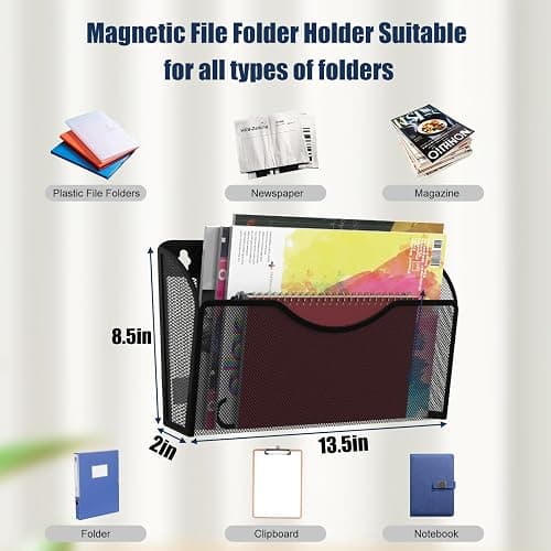 Magnetic File Holder 3 Pockets File Folder Organizer, Office Hanging Magazine Rack for File Cabinets, Magnetic Paper Holder, No Drilling Mail Organizer for Refrigerator, Whiteboard, Office, Kitchen thumbnail 2