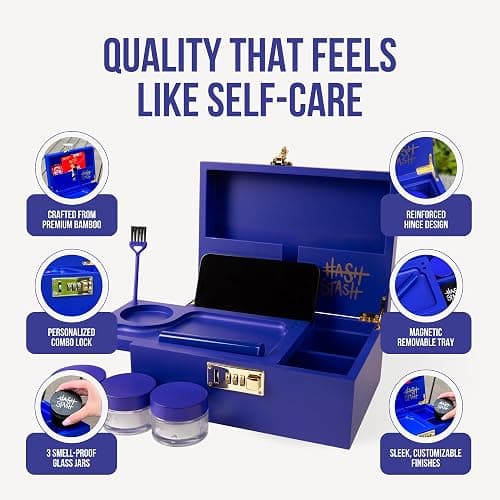 The OG Storage Box - Large Bamboo Box with Combination Lock, Magnetic Lid, Organizer Tray, Airtight Tube and 3 Jars - Discreet Decorative Locking Wooden Box with Accessories (Royal Blue/Gold) thumbnail 3