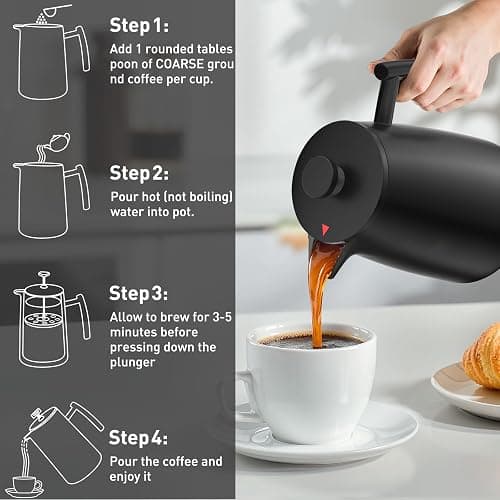 Secura 50oz French Press Coffee Maker – 304 Stainless Steel, Insulated Coffee Press with Extra Filter, Black thumbnail 5