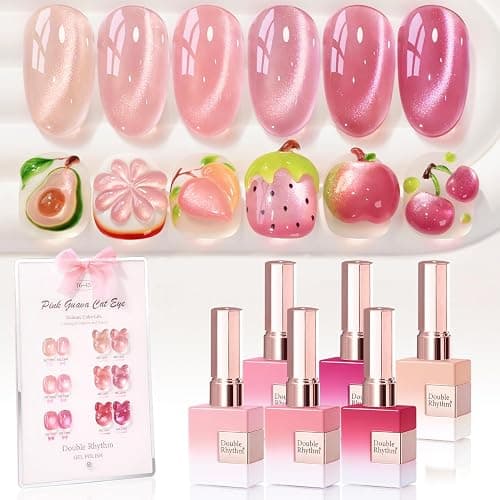 Double Rhythm Cat Eye Gel Nail Polish Set of 6 Same Color Same Bottle 0.5 Oz Shimmer Glitter with Magnet Holographic Reflective Magnetic UV Nail Polish Kit at Home (Glass Nude Pink Rose-T6-45) - Image 1