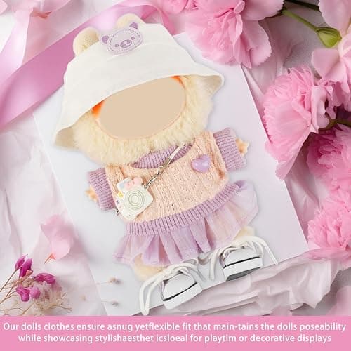 5 Set 15- 17cm Doll Clothes - Dolls Outfit Accessories for Girl , with White Bucket Hat + Small Camera + Canvas Shoes (No Doll) (Purple) thumbnail 4