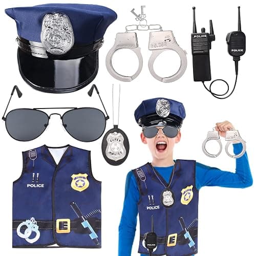 Keymall Kids Police Officer Costume Set 6 Pcs Including Cop Hat Vest Sunglasses Badge Walkie Talkie for Pretend Play Dress Up - Image 1