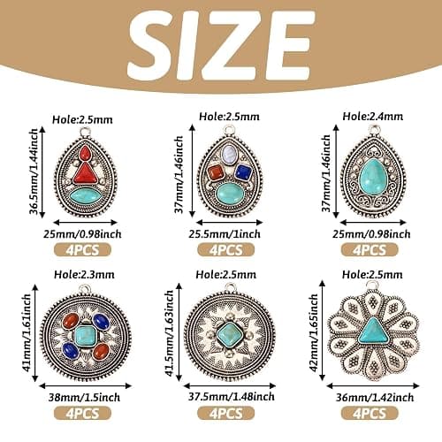 Spritewelry 24Pcs Turquoise Charms Western Charms for Jewelry Making Vintage Antique Silver Pendants Teardrop Flower Flat Round Dangle for Bohemian Necklace Earring Making thumbnail 7