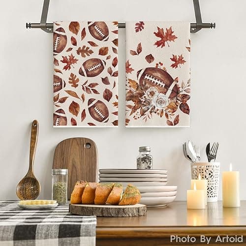 Artoid Mode Leaves Flower Football Fall Kitchen Towels Set of 2 18x26 Inch | Thanksgiving Autumn Bowknot Maple Leaves Hand & Dish Towels,Ultra Absorbent,Seasonal Farmhouse Decoration thumbnail 2