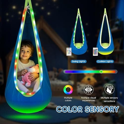 Light Up Pod Swing for Kids Offers Adjustable Effects, Sensory Swing Ideal for Indoor and Outdoor Use. Kids Hammock Easy to Install.(Blue) thumbnail 3