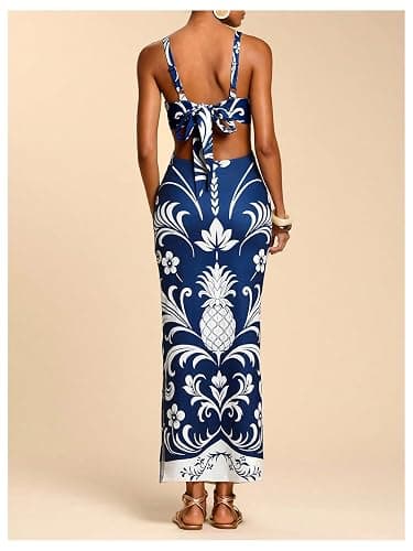Floerns Women's Tropical Bow Tie Back Long Dress Sleeveless Maxi Dress | Hawaiian Resort Wear, Coastal Vacation, Beach Wedding Guest, Side Slit, Spring Break Outfits thumbnail 2