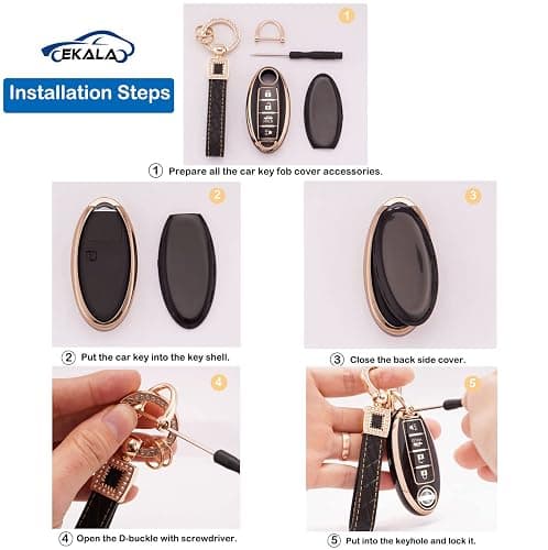 EKALA for Nissan Key Fob Cover Soft TPU Key Shells with Leather Keychain Lanyard Fit for Nissan Altima Armada Maxima Sentra Rogue Pathfinder 4 Buttons Key Fob Case Black Gold (BP-Nisn-4) thumbnail 4