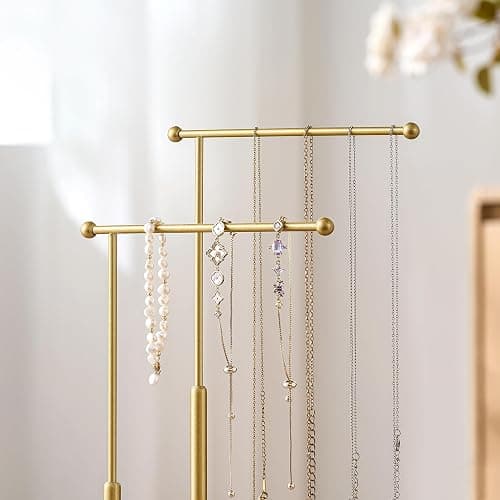 pickpiff Jewelry Organizer Holder Stand: 3 Tier Jewelry Storage Display for Necklace, Bracelet, Earring, Ring, White & Gold thumbnail 4
