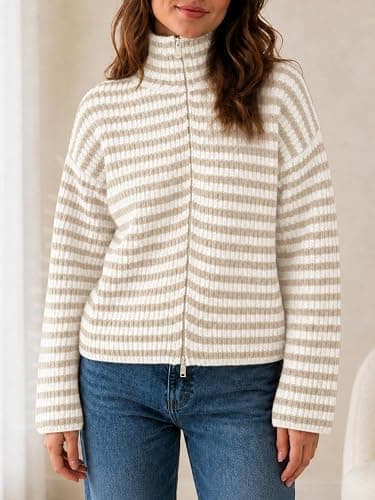 Saodimallsu Womens Striped Zip Up Sweaters Mock Neck 2026 Fall Trendy Casual Long Sleeve Loose Fit Knit Cardigan Tops thumbnail 2