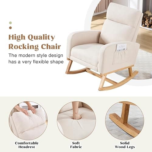 HCHAIRH Rocking Chair Nursery, Nursing Rocking Chairs with Foot Rest for Mom Nursery, Glider Rocker Chair with Footrest and High Backrest for Living Room, Bedroom, Beige thumbnail 6