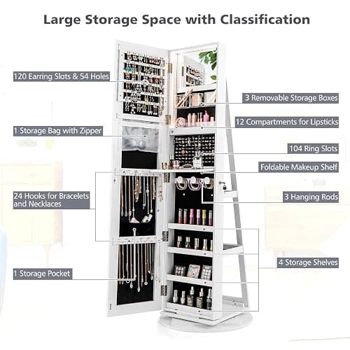 CHARMAID 360° Swivel Jewelry Armoire with Full Length Mirror, Rear Storage Shelves, Lockable Standing Jewelry Cabinet Organizer with Interior Vanity Mirror and 3-Color Lights (White) thumbnail 6