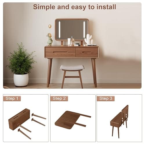KungFuWood Solid Wood Vanity Desk with Mirror and 3 Lighting Modes,Makeup Vanity Adjustable Height with 3 Drawers,Easy Assemble Vanity Table,Dressing Table for Bedroom and Living Room thumbnail 6