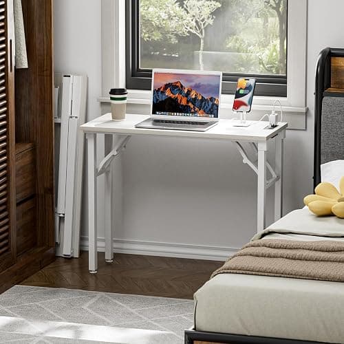 TEMI Small Computer Desk Folding Table - No Assembly, Compact 35.8" Foldable Desk with Power Outlets & USB Charging Port, Portable Small Office Desk, Ideal Mini Study Table for Narrow Spaces,White Ash thumbnail 2