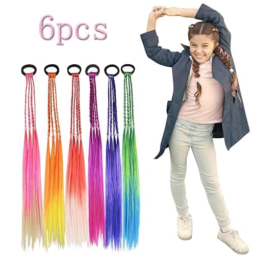 Colored Hair Extensions for Kids,Braided Ponytail Extension,Hair Accessories for Girls,colored hair braids extensions,6pcs Crazy Hair Day Accessories hair tie with (6PCS Colorful Braids) thumbnail 4