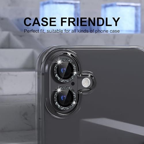 Choiche Compatible for iPhone 16 /iPhone 16 Plus Camera Lens Protector Bling, 9H Tempered Glass Camera Cover Screen Protector Metal Ring Decoration Accessories(Glitter-Black) thumbnail 4
