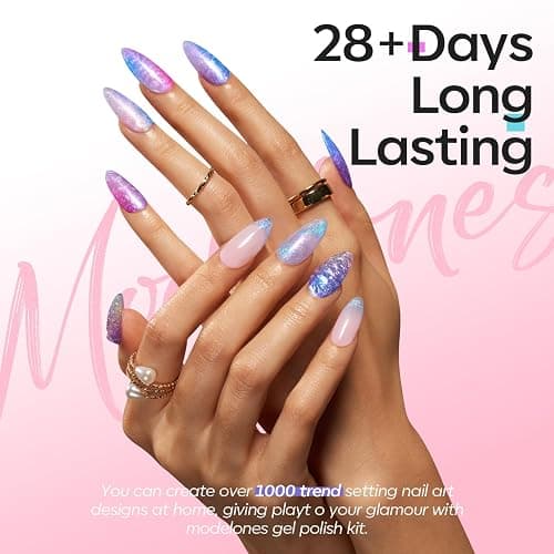 modelones 32 PCS Summer Gel Nail Polish Set, 28 Colors Glitter Cat Eye Jelly Pearl Chameleon Gel Polish with Magnet, No Wipe Base Coat, Glitter & Glossy & Matte Top Coat Soak Off Nail Art Kit thumbnail 6