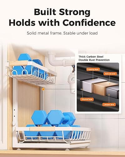 Sevenblue 2-Pack 2-Tier Height Adjustable Under Sink Organizer & Storage | Multi-purpose storage for kitchen & bathroom cabinet. Large white shelf, height adjustable design for space-saving. thumbnail 7