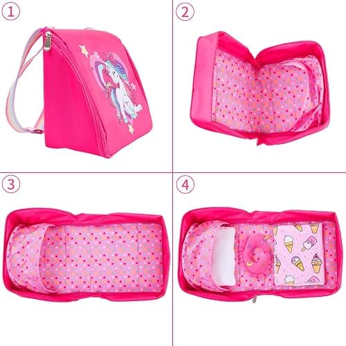 American Doll Travel Case Shoulder Bag for 18 Inch Dolls Accessories Set - Portable Bassinet with Pajamas & Rainbow Pony Handbag for Girl - Pillow Eye Mask Playset (Dolls Not Included) thumbnail 6