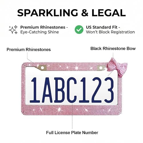 Wanheart 1 Pack Pink Bling License Plate Frame with Pink Corner Bow | Pink frame and upper-right bow, Fits 12 x 6 in plates, Stainless steel base, Hardware and extra stones included thumbnail 5