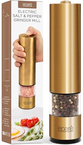 Eparé Brass Salt and Pepper Mill - Battery Operated Gold Pepper Grinder with Ceramic Burr - Automatic Steel Peppermills With LED Light - Gold or Brass Color - Image 1