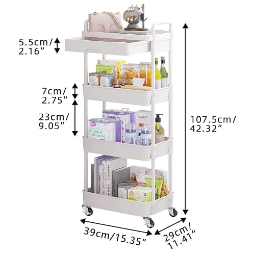 Wuciray Beauty Trolley on Wheels 4 Tier Storage Trolley with Drawer Plastic Beauty Trolleys Rolling Utility Cart for Home Kitchen Bathroom Laundry Office White Storage Trolleys on Wheels thumbnail 3