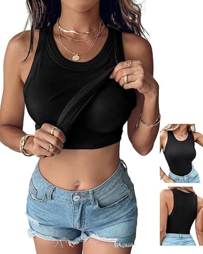 CHICME Women Built-in Bra Tank Tops Sleeveless Casual Shirts Racerback Ribbed Fitted Tank Tops - Image 1