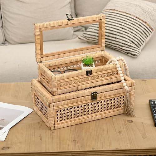 DECOR4SEASON Rattan and Cane Stacking Boxes with Glass Top Lid - Set of 2 for Boho, and Rustic Farmhouse Decor thumbnail 9